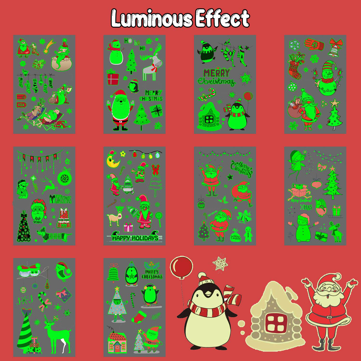 Partywind 10 Sheets Luminous Christmas Temporary Tattoos for Kids Stocking Stuffers, Christmas Party Decorations Supplies Favors for Birthday Party, Xmas Holiday Stickers Games for Boys and Girls