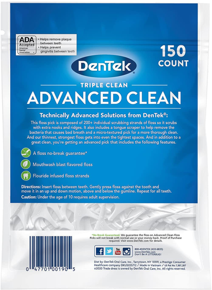 DenTek Triple Clean Advanced Clean Floss Picks, No Break & No Shred Floss, 20 Count, 6 Pack