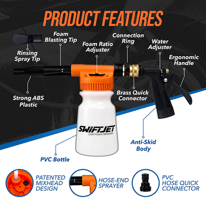 SwiftJet Car Wash Foam Gun Sprayer with Microfiber Wash Mit - Adjustable Water Pressure & Soap Ratio Dial - Foam Cannon Attaches to Any Garden Hose (Foam Sprayer with Wash Mit)