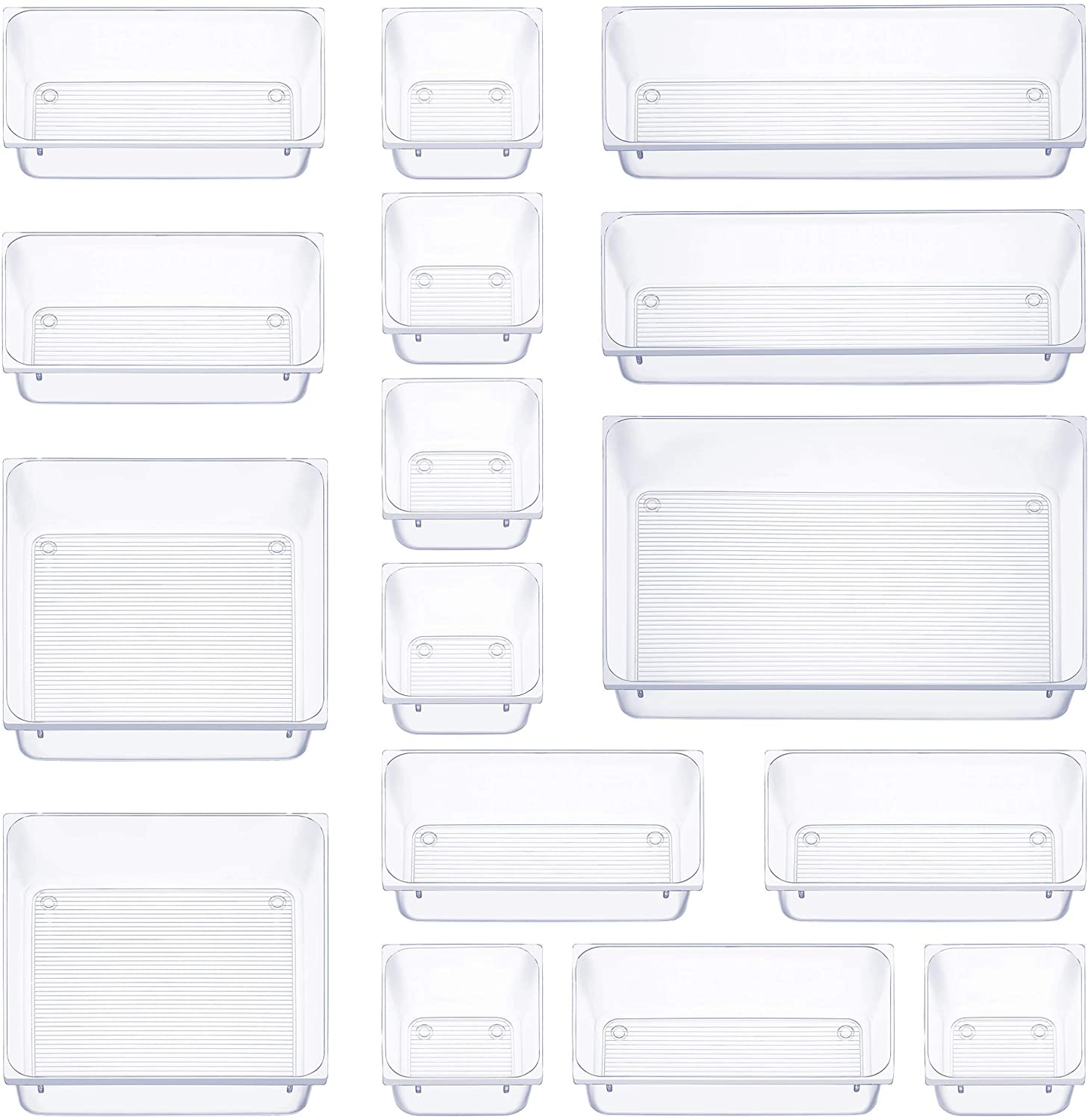 16 Pcs Drawer Organizer Set Dresser Desk Drawer Dividers - 5 Size Bathroom Vanity Cosmetic Makeup Trays - Multipurpose Clear Plastic Storage Bins for Jewelries, Kitchen Gadgets and Office Accessories