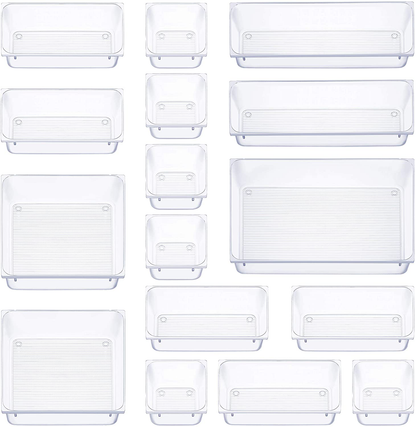 16 Pcs Drawer Organizer Set Dresser Desk Drawer Dividers - 5 Size Bathroom Vanity Cosmetic Makeup Trays - Multipurpose Clear Plastic Storage Bins for Jewelries, Kitchen Gadgets and Office Accessories