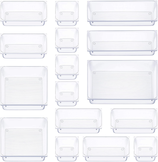 16 Pcs Drawer Organizer Set Dresser Desk Drawer Dividers - 5 Size Bathroom Vanity Cosmetic Makeup Trays - Multipurpose Clear Plastic Storage Bins for Jewelries, Kitchen Gadgets and Office Accessories