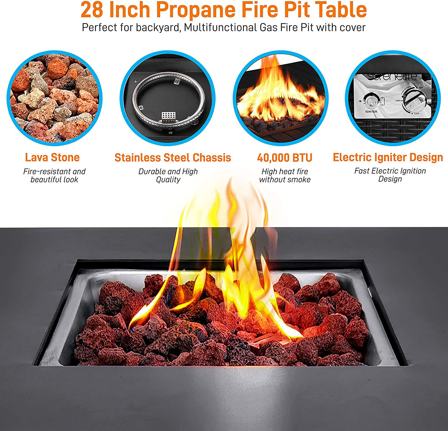 SereneLife Outdoor Pit CSA Approved Safe 40,000 BTU Pulse Ignition Propane Gas Fire Table Tabletop, Rattan-Look Steel Panel, 6.6 Lbs Decorative Lave Rock Set SLFPS3