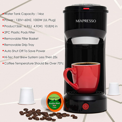 Mixpresso Original Design 2 in 1 Coffee Brewer Pods Compatible & Ground Coffee, Personal Coffee Brewer Machine,Compact Size Mini Coffee Maker, Quick Brew Technology (14 oz) (White)