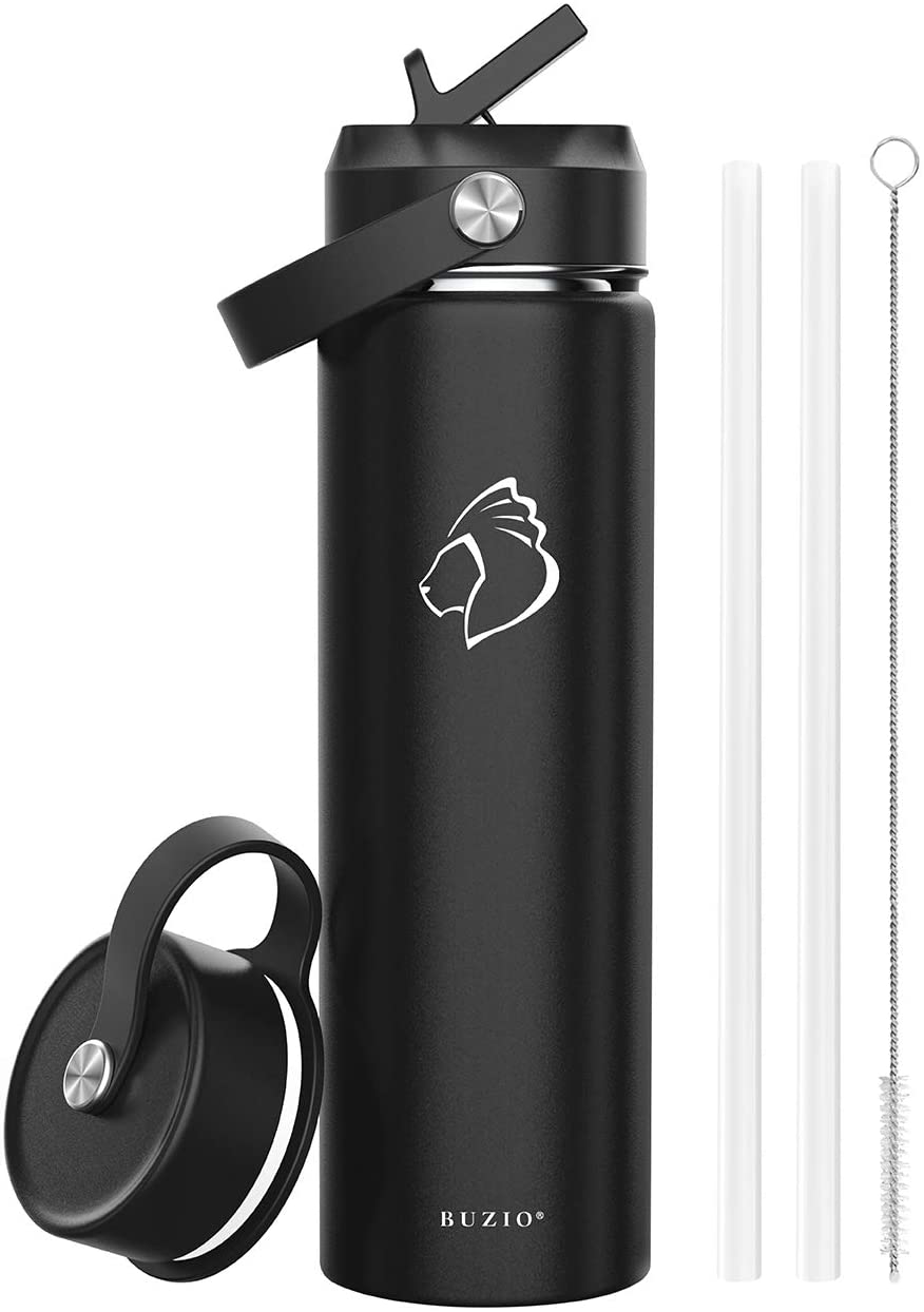 BUZIO Insulated Water Bottle with Straw Lid and Flex Cap, 32oz, 40oz, 64oz, 87oz Modern Double Vacuum Stainless Steel Water Flask, Cold for 48 Hrs Hot for 24 Hrs Simple Thermo Canteen Mug,BPA-Free