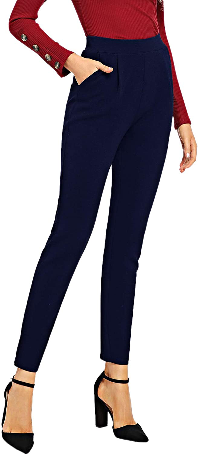 SOLY HUX Women's Pocket Side Elastic High Waist Elegant Trousers Skinny Pants