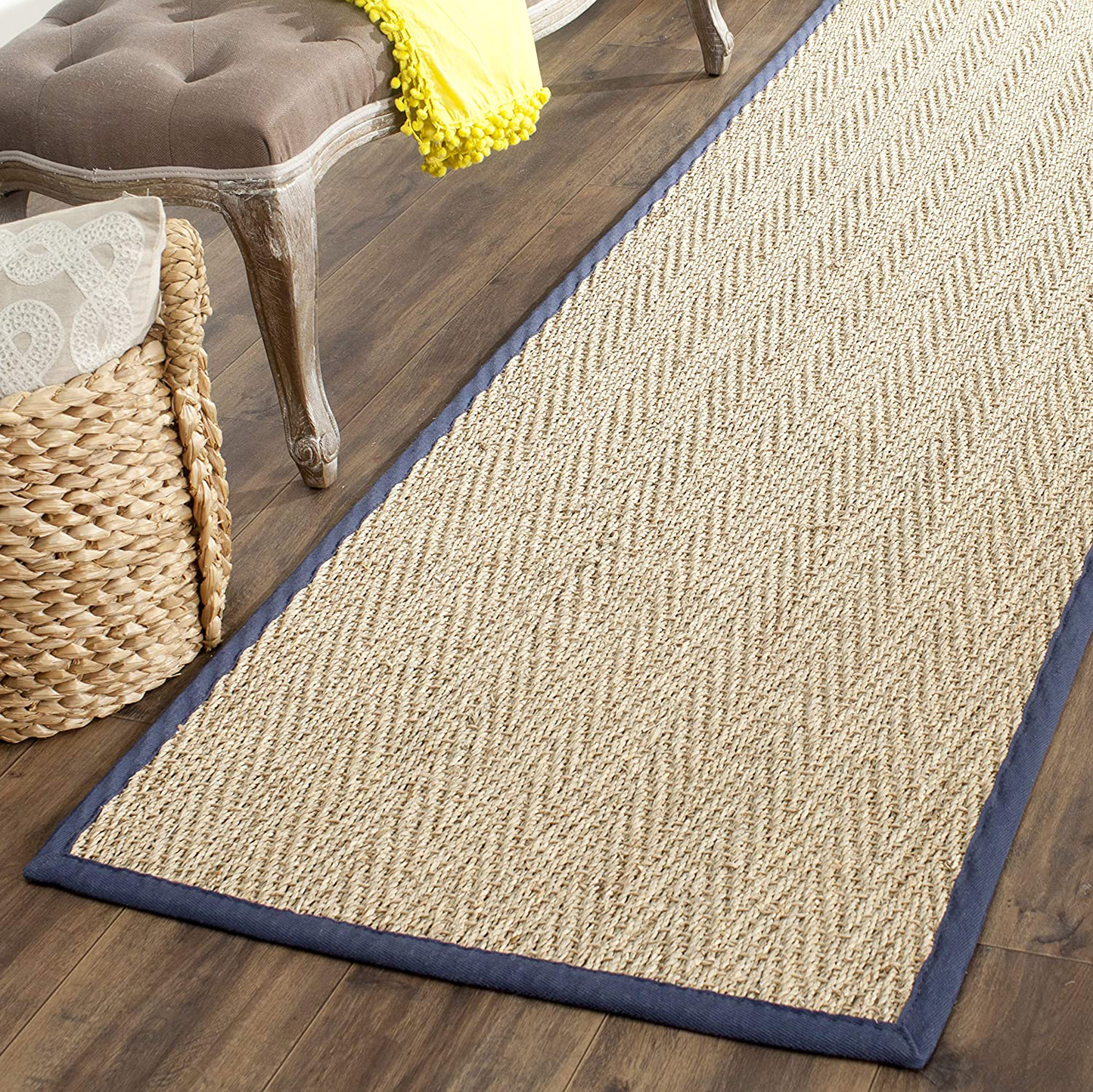 Safavieh Natural Fiber Collection NF115E Border Herringbone Seagrass Runner, 2'6" x 6' , Blue