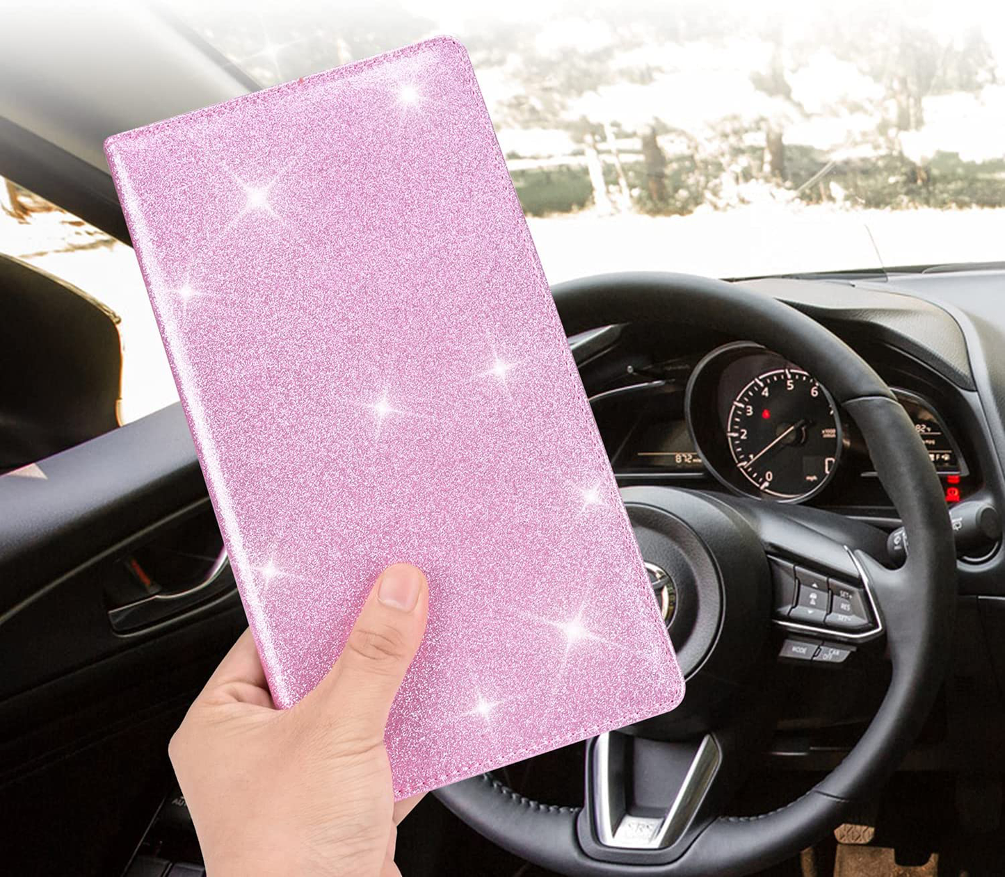 Car Registration and Insurance Holder, Vehicle Glove Box Car Organizer Men Women Wallet Accessories Case with Magnetic Shut for Cards, Essential Document, Driver License by Cacturism, Bling Pink