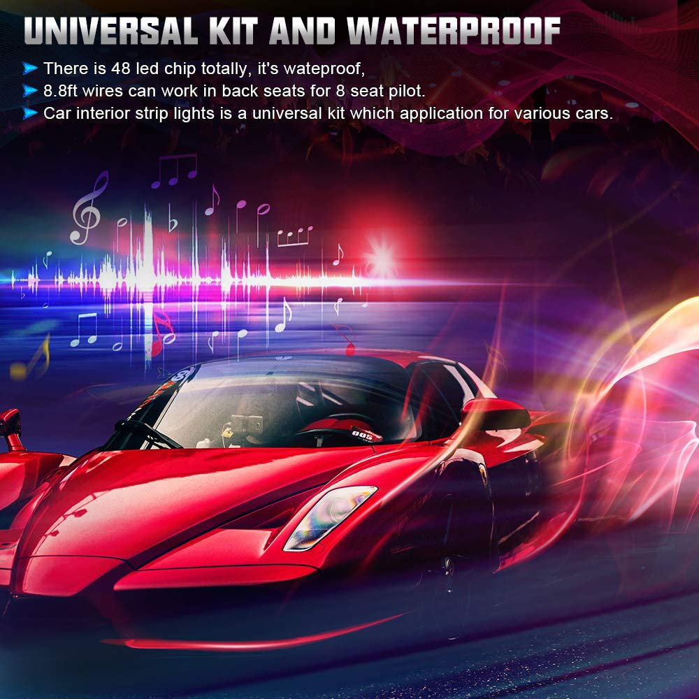 SUNPIE Car Interior Lights, Car Strips Lights with App and Remote Control Waterproof LED Atmosphere Car Lights Come with 48 LED Chip 8.8ft Length Indoor Lights with DC 12V Car Charger Sync to Music