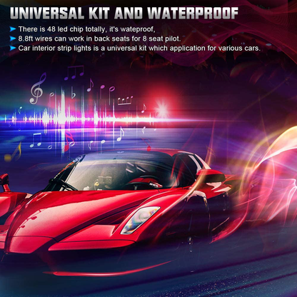SUNPIE Car Interior Lights, Car Strips Lights with App and Remote Control Waterproof LED Atmosphere Car Lights Come with 48 LED Chip 8.8ft Length Indoor Lights with DC 12V Car Charger Sync to Music