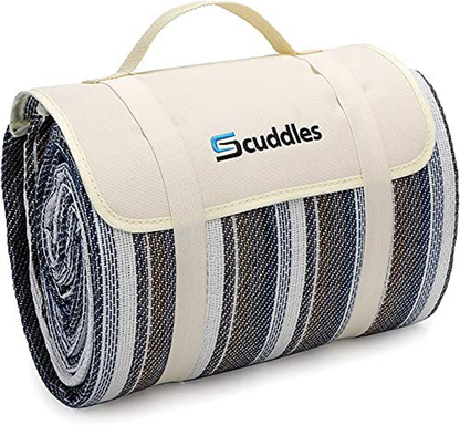 Extra Large Picnic Blanket Dual Layers for Outdoor Water-Resistant Handy Mat Tote Spring Summer Blue and White Striped for The Beach, Camping on Grass