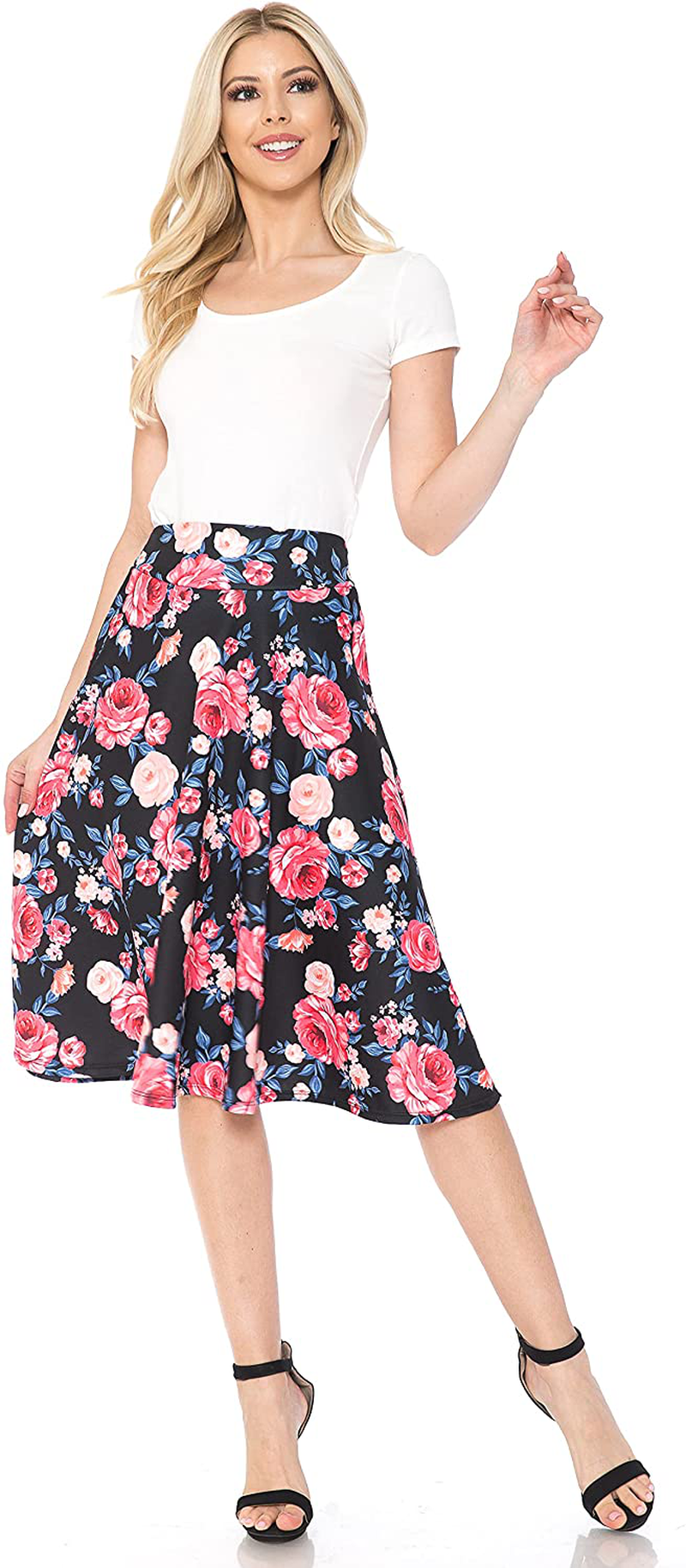 SSOULM Women's High Waist Flare A-Line Midi Skirt with Plus Size