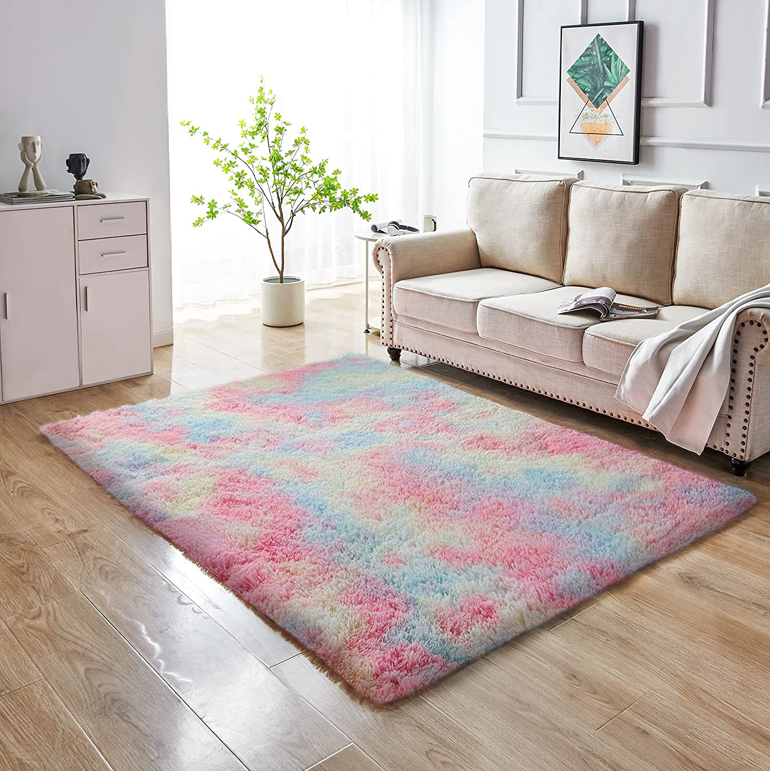 GKLUCKIN Shag Ultra Soft Area Rug, Non-Skid Fluffy 6'X9' Tie-Dyed Light Grey Fuzzy Indoor Large Faux Fur Rugs for Living Room Bedroom Nursery Decor Furry Carpet Kids Playroom