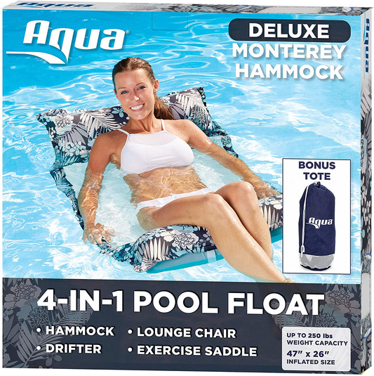 Aqua Deluxe Resort Quality Monterey Hammock, 4-in-1 Multi-Purpose Inflatable Pool Float (Saddle, Lounge Chair, Hammock, Drifter), Washable Premium Fabric, Stow-n-Go Tote Bag, Antigua Blue