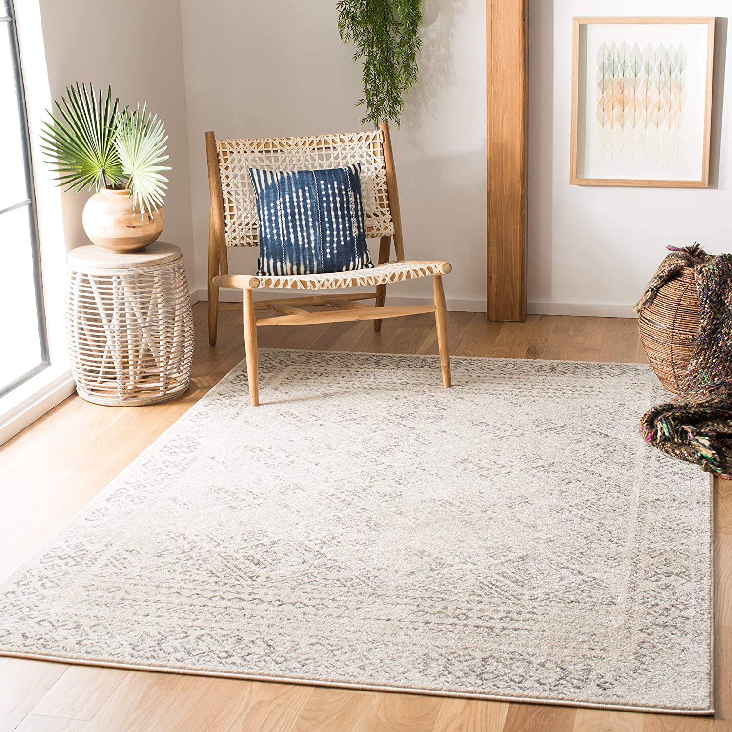 Safavieh Tulum Collection TUL264A Moroccan Boho Distressed Non-Shedding Stain Resistant Living Room Bedroom Area Rug, 3' x 3' Square, Ivory / Grey