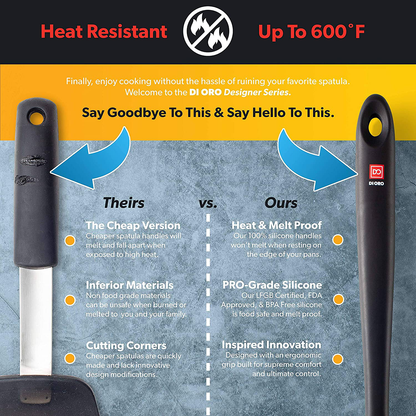 DI ORO Seamless Series 3-Piece Silicone Spatula Set - 600°F Heat Resistant Non Stick Rubber Kitchen Scraper Spatulas for Cooking, Baking, and Mixing – BPA Free and LFGB Certified Silicone (Black)