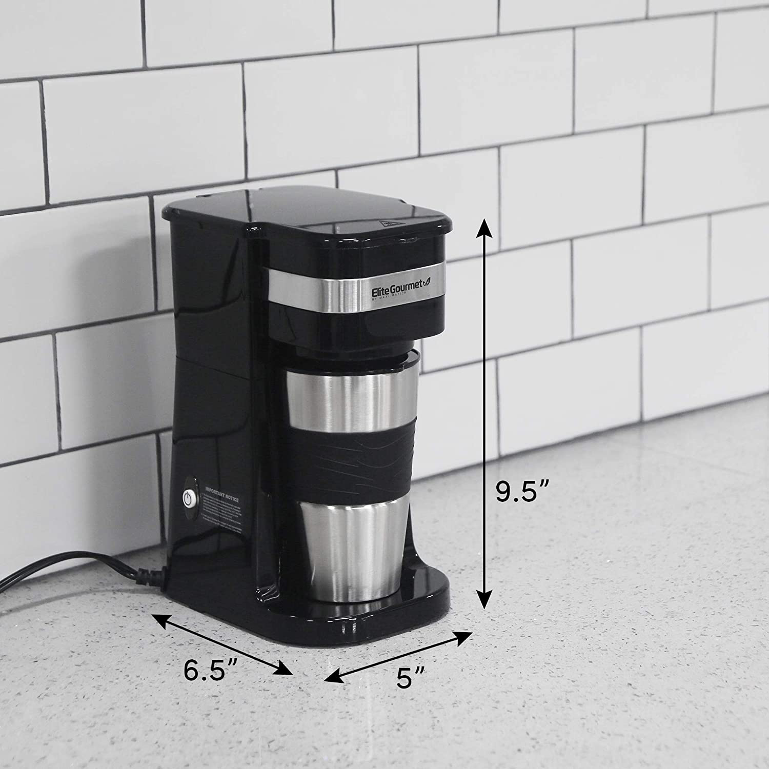 Elite Gourmet EHC111A Maxi-Matic Personal 14oz Single-Serve Compact Coffee Maker Brewer, Includes Stainless Steel Interior Thermal Travel Mug, Compatible with Coffee Grounds, Reusable Filter, Black