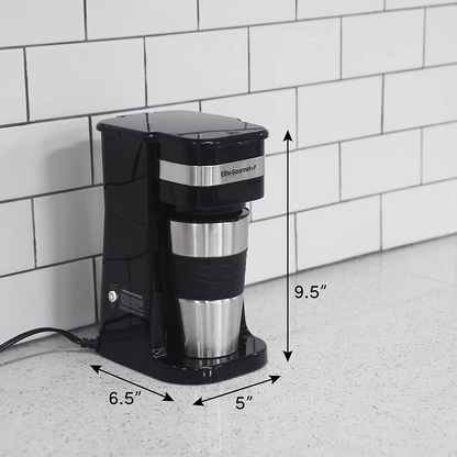 Elite Gourmet EHC111A Maxi-Matic Personal 14oz Single-Serve Compact Coffee Maker Brewer, Includes Stainless Steel Interior Thermal Travel Mug, Compatible with Coffee Grounds, Reusable Filter, Black