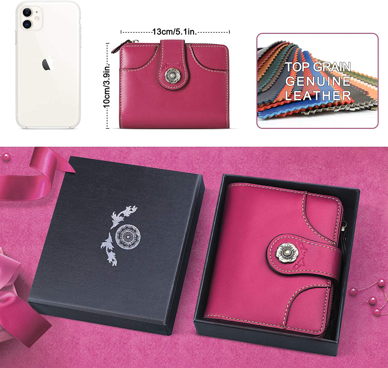 Women Premium Genuine Leather Wallet Credit Card Clutch Wallets,RFID Blocking Zipper Pocket Purse with ID Window