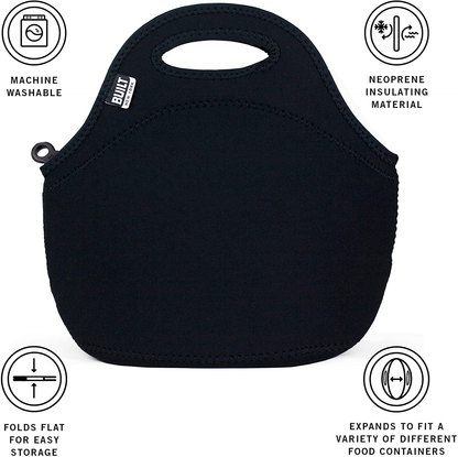 BUILT Gourmet Getaway Soft Neoprene Lunch Tote Bag - Lightweight, Insulated and Reusable Black LB31-BLK