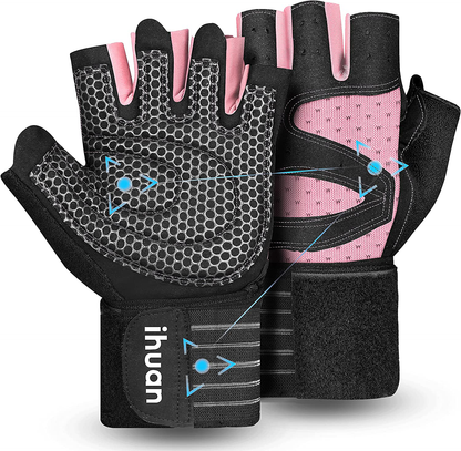 ihuan Ventilated Weight Lifting Gym Workout Gloves Full Finger with Wrist Wrap Support for Men & Women, Full Palm Protection, for Weightlifting, Training, Fitness, Hanging, Pull ups