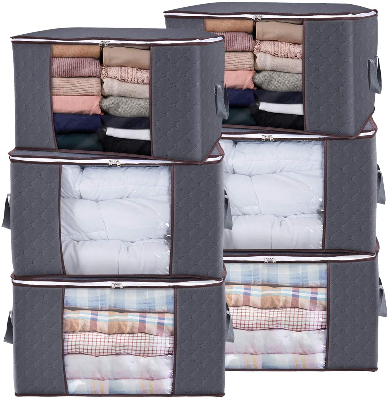 Lifewit Large Capacity Clothes Storage Bag Organizer with Reinforced Handle Thick Fabric for Comforters, Blankets, Bedding, Foldable with Sturdy Zipper, Clear Window, 6 Pack, 90L, Grey