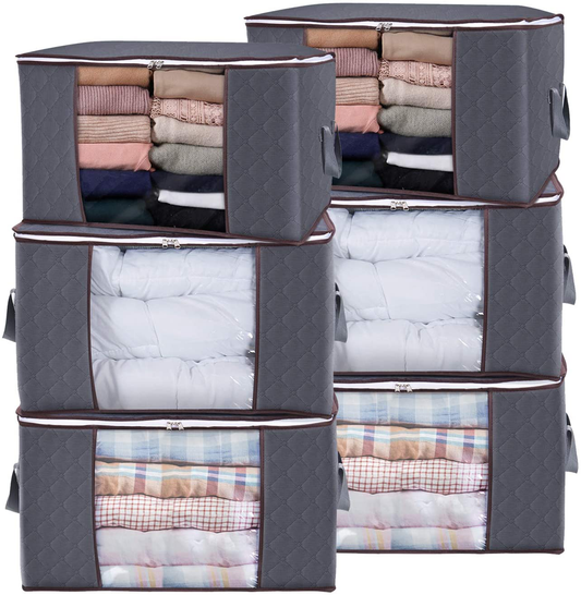 Lifewit Large Capacity Clothes Storage Bag Organizer with Reinforced Handle Thick Fabric for Comforters, Blankets, Bedding, Foldable with Sturdy Zipper, Clear Window, 6 Pack, 90L, Grey