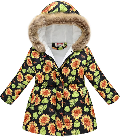UWBACK Winter Coat for Girls Hooded Floral Print Kids Warm Cotton Parka