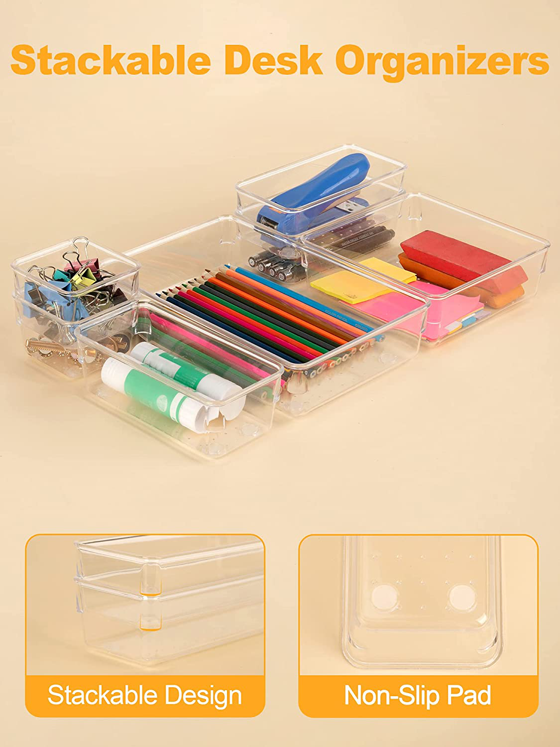 SMARTAKE 13-Piece Drawer Organizers with Non-Slip Silicone Pads, 5-Size Desk Drawer Organizer Trays Storage Tray for Makeup, Jewelries, Utensils in Bedroom Dresser, Office and Kitchen, Clear