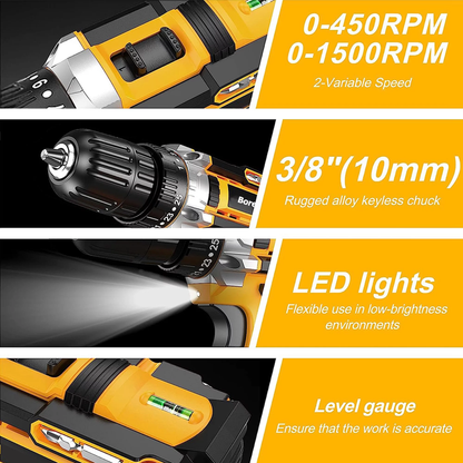 21V Cordless Drill Driver 3/8'' Electric Power Drill Set, 2000Mah Lithium-Ion Battery