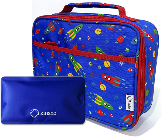 Lunch Box with Water Bottle and Ice Pack Set, Kids Lunch-Bag Set for Toddler Daycare of School, Boys Container for Lunches, Blue Space Rocket