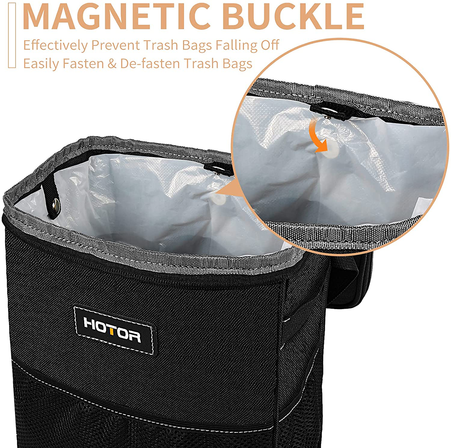 HOTOR Car Trash Can with Lid and Storage Pockets, 100% Leak-Proof Car Organizer, Waterproof Car Garbage Can, Multipurpose Trash Bin for Car - Black