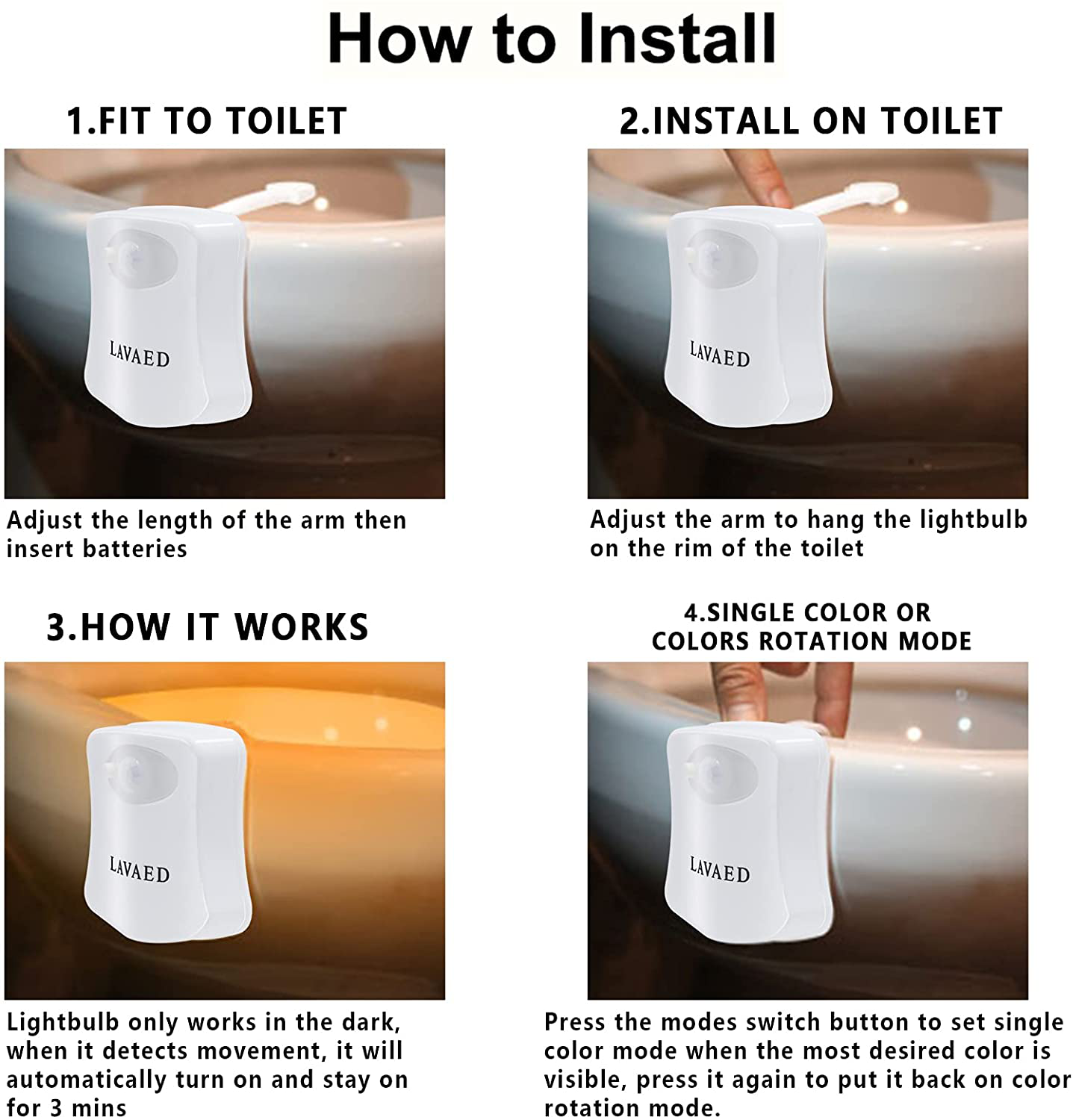 LAVAED Motion Sensor Toilet Night Light Home Toilet Light Bathroom Body Motion Sensor Toilet Bowl Seat Light Lamp 8-Color Changes (1 Pack)