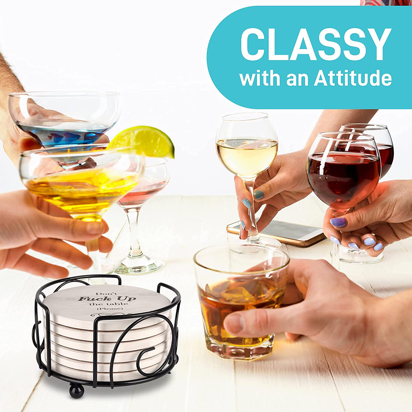 Funny Coasters for Drinks with Holder - Absorbent Drink Coasters Set 6 Pcs - 3 Sayings - Housewarming Gift for Friends - Men, Women Birthday - Cool Home Decor - Living Room, Kitchen, Bar Decorations