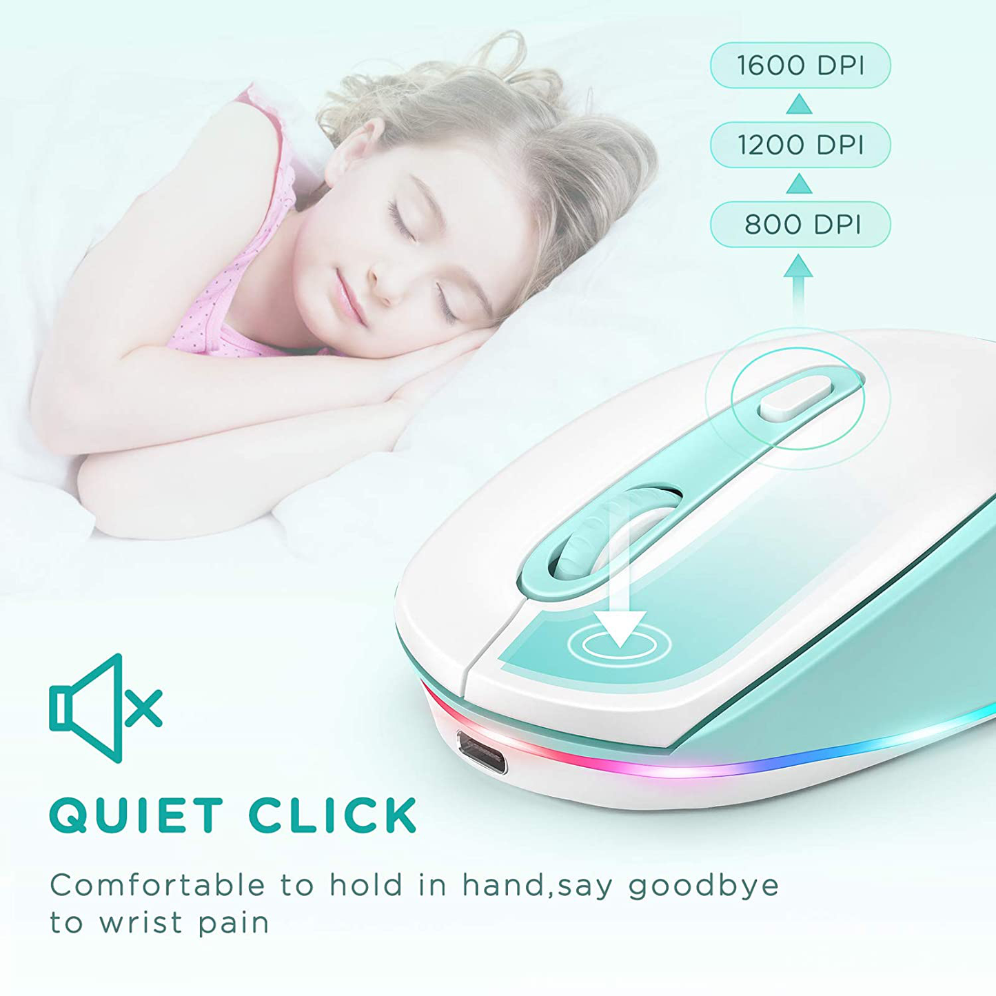 seenda Wireless Mouse, Ultra Quiet LED Light Up Mouse with USB Receiver, Rechargeable Cordless Mice and 3 Adjustable DPI for PC Laptop Computer Chromebook, Mint Green