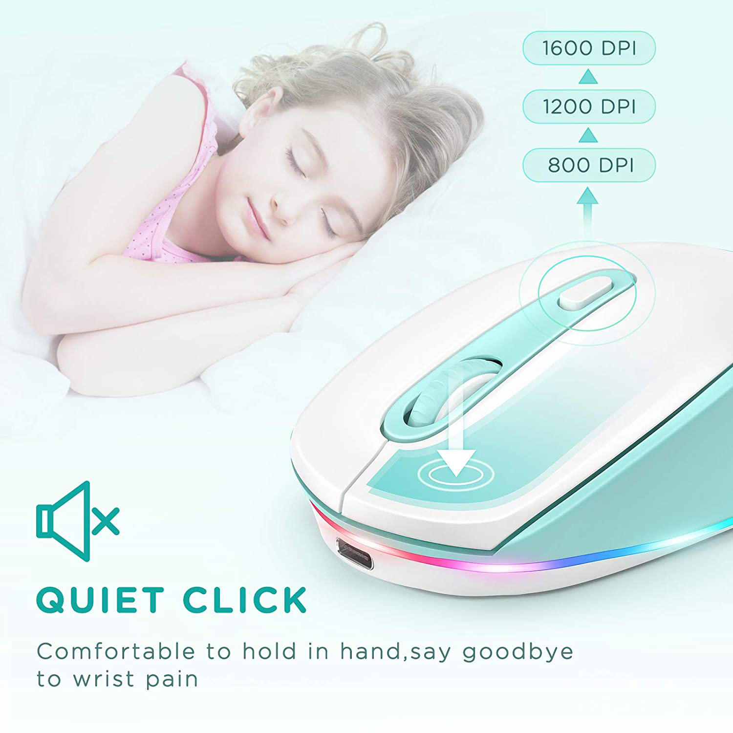 seenda Wireless Mouse, Ultra Quiet LED Light Up Mouse with USB Receiver, Rechargeable Cordless Mice and 3 Adjustable DPI for PC Laptop Computer Chromebook, Mint Green