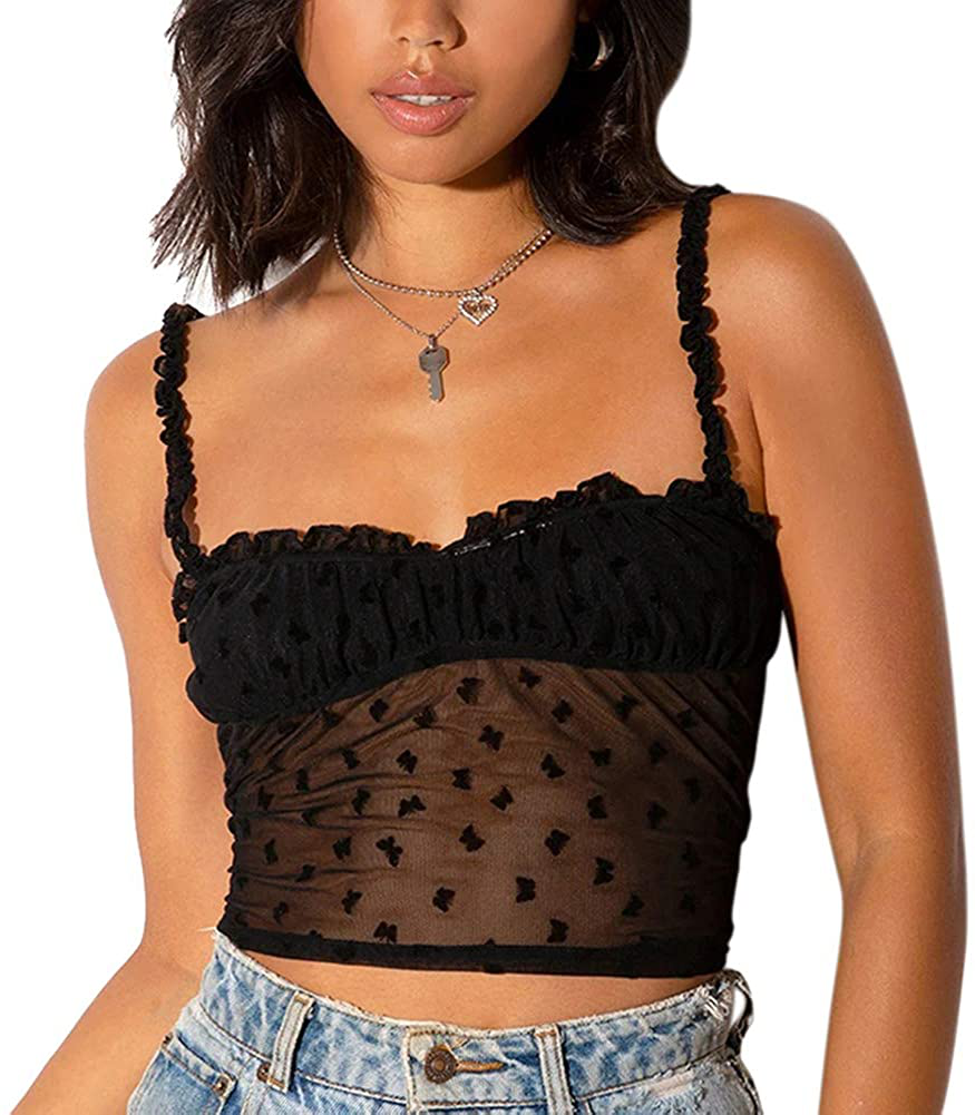 Women Y2K Cropped Tank Tops Sexy V Neck Spaghetti Strap Crop Top Lace Cami Shirt Sleeveless Patchwork Camisole