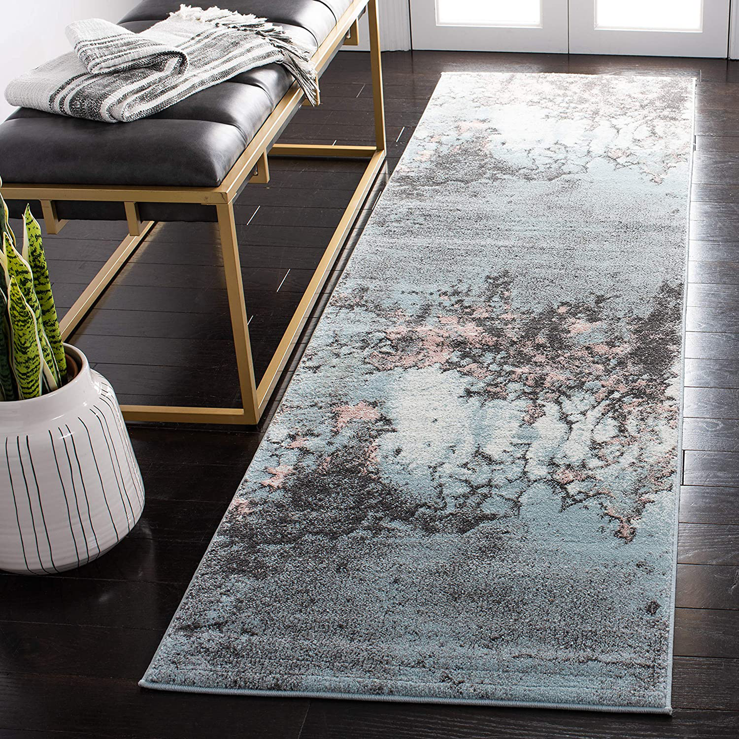 Safavieh Glacier Collection GLA125L Modern Abstract Non-Shedding Stain Resistant Living Room Bedroom Runner, 2'3" x 8' , Blue / Pink