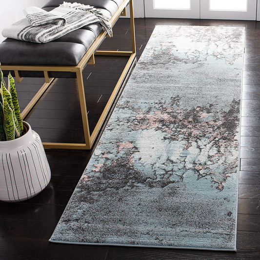 Safavieh Glacier Collection GLA125L Modern Abstract Non-Shedding Stain Resistant Living Room Bedroom Runner, 2'3" x 8' , Blue / Pink