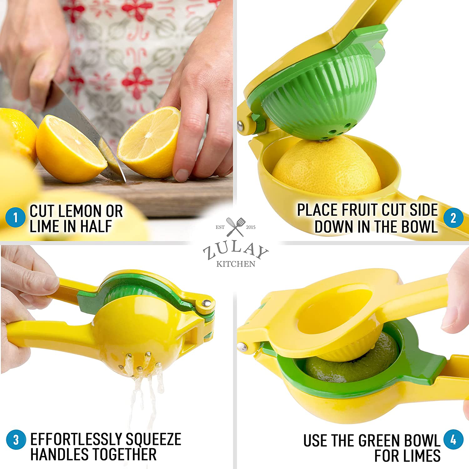 Zulay Metal 2-In-1 Lemon Lime Squeezer - Hand Juicer Lemon Squeezer - Max Extraction Manual Citrus Juicer (Blue Yellow)