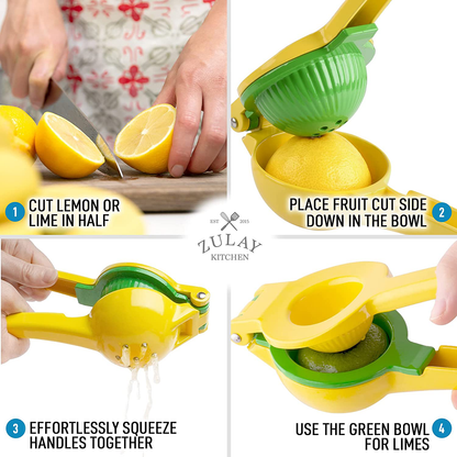Zulay Metal 2-In-1 Lemon Lime Squeezer - Hand Juicer Lemon Squeezer - Max Extraction Manual Citrus Juicer (Blue Yellow)