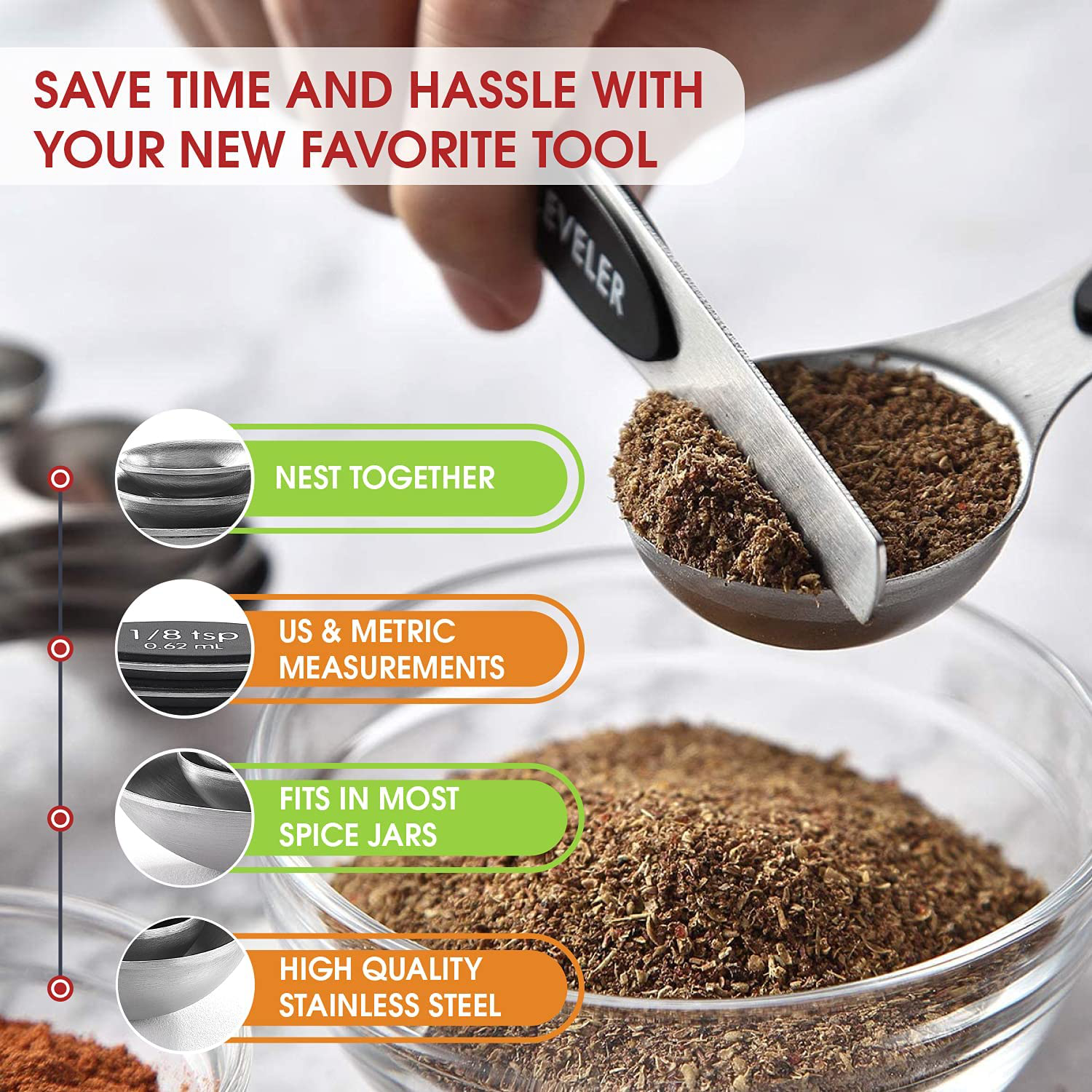 Spring Chef Magnetic Measuring Spoons Set, Dual Sided, Stainless Steel, Fits in Spice Jars, Red, Set of 8