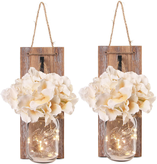 Besuerte Mason Jar Wall Sconces with LED Fairy Lights Automatic On and Off Timer Modern Wall Hanging Home Decor Farmhouse Decor Decorative Vintage Lighting