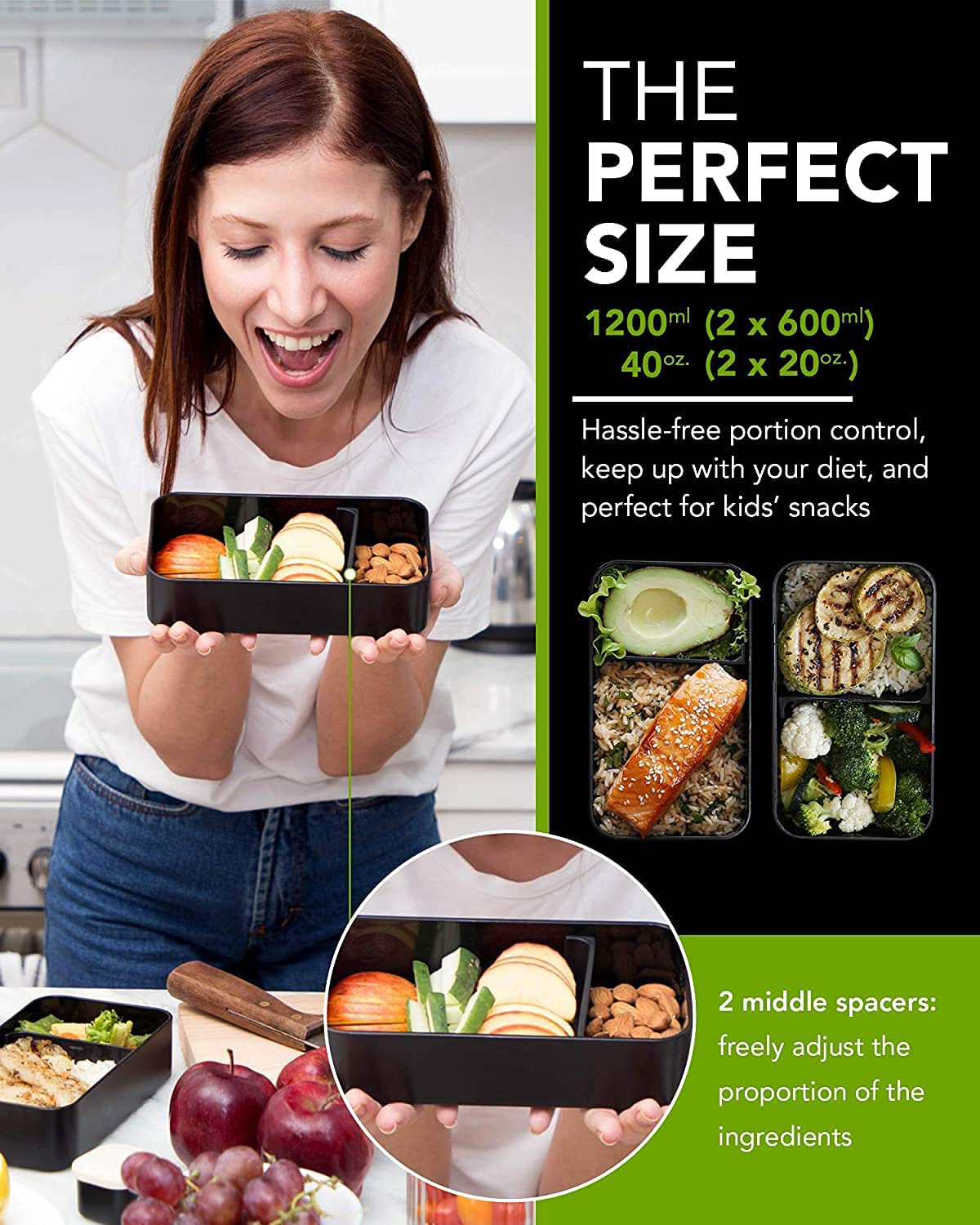 UMAMI Glass & Bamboo Bento Box for Adults/Children, 1 Meal Prep Lunch Box Food Containers for Men/Women, Microwave, Dishwasher & Freezer Safe