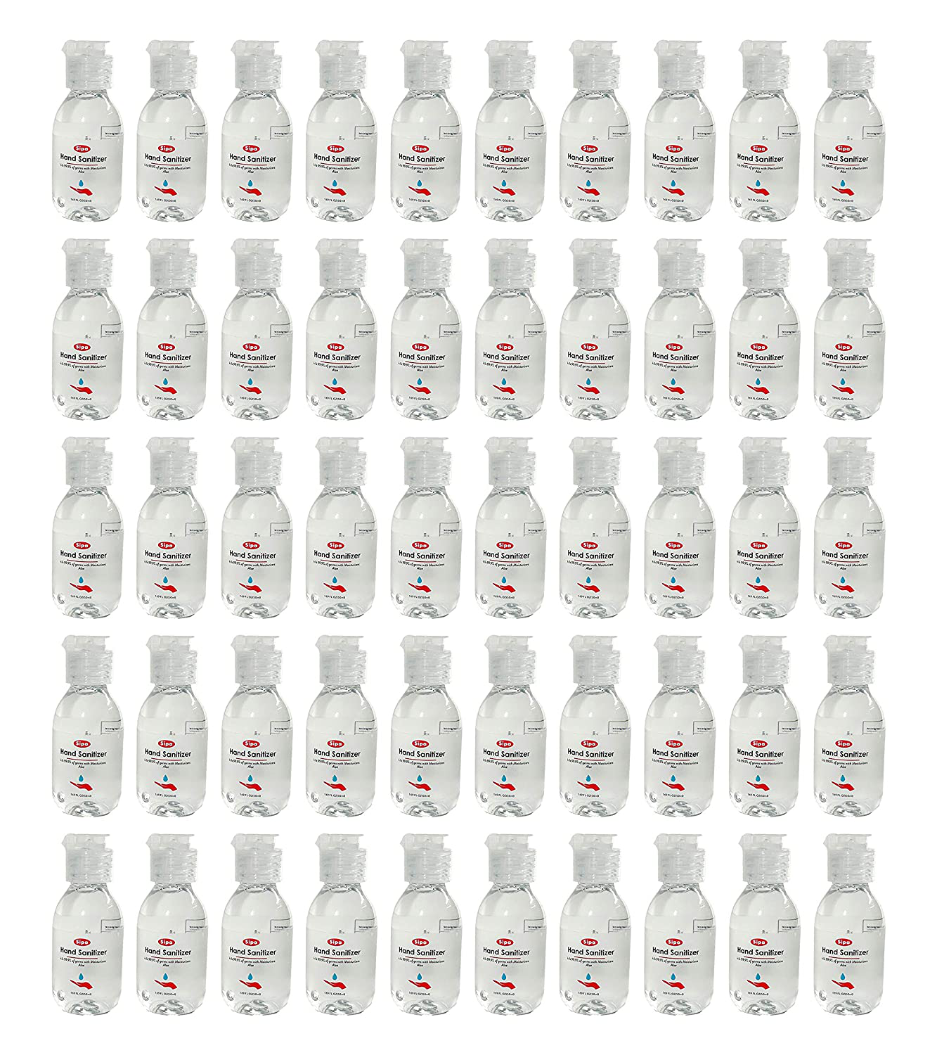 Sipa Bulk Hand Sanitizer Travel Size Bundle 1.69 oz (Pack of 50) 75% Ethyl Alcohol, Protect Against Germs with Vitamin E Formula