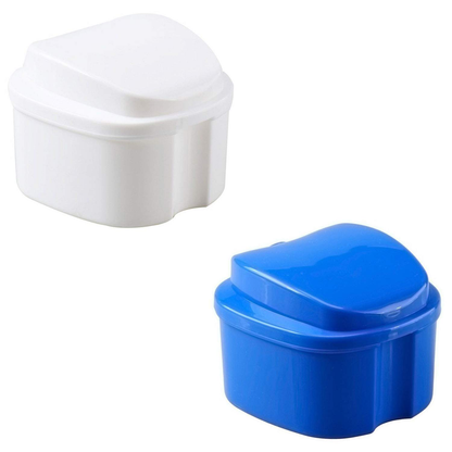 2 Pack Colors Denture Bath Case Cup Box Holder Storage Soak Container with Strainer Basket for Travel Cleaning (Light Blue, White)