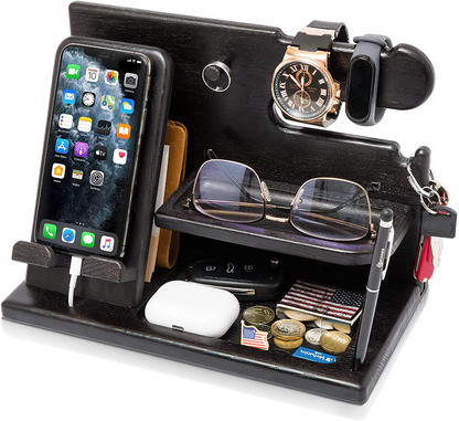 TESLYAR Wood Phone Docking Station Ash Key Holder Wallet Stand Watch Organizer Men Gift Husband Wife Anniversary Dad Birthday Nightstand Purse Father Graduation Male Travel Idea Gadgets