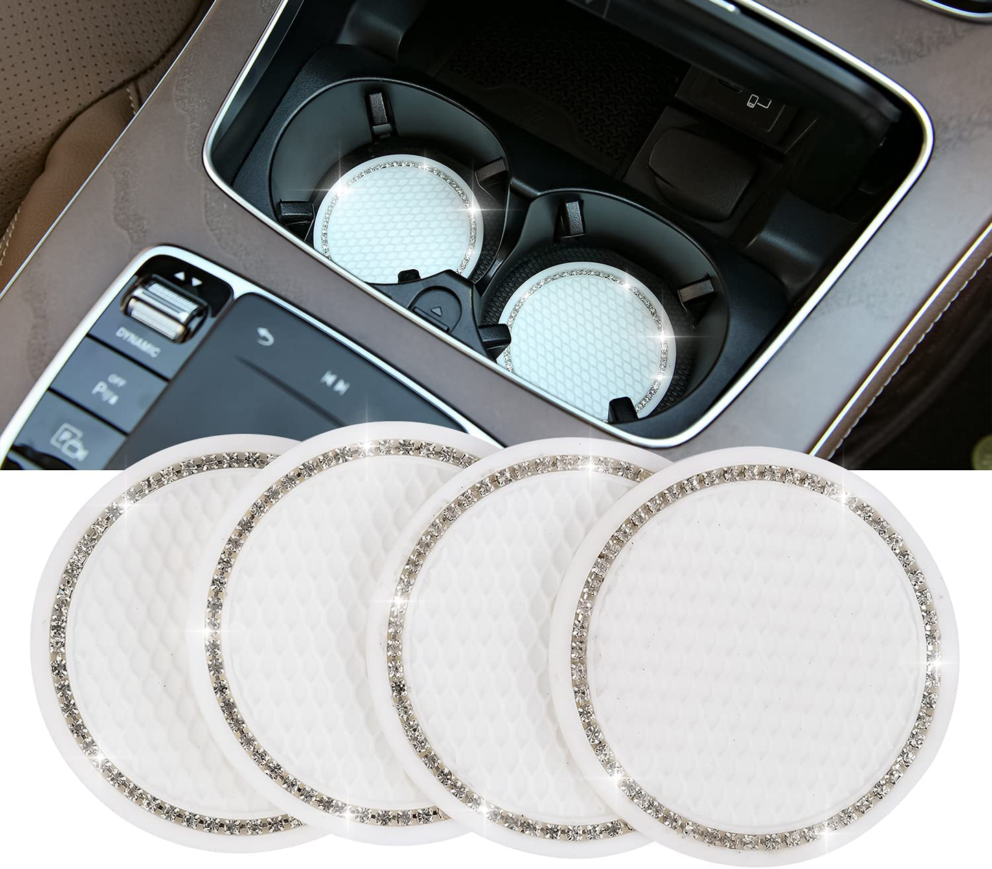 Valleycomfy 4PCS Bling Car Coasters, Universal Vehicle Bling Car Accessories -2.75 inch Silicone Anti Slip Crystal Rhinestone Cup Holder Coasters for Car (Black)