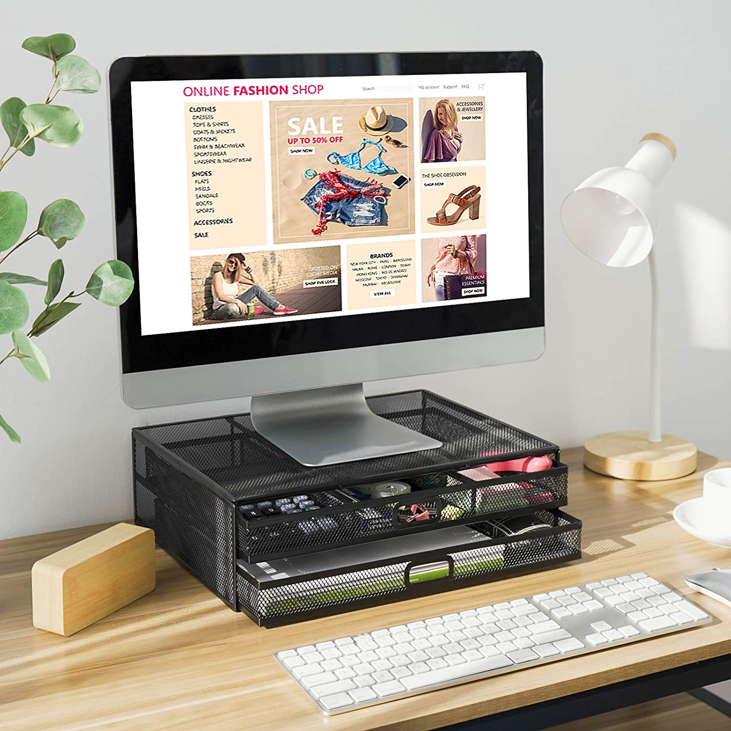 Monitor Stand Riser with Drawer - Mesh Metal Desk Organizer PC, Laptop, Notebook, Printer Holder with Pull Out Storage Drawer by HUANUO