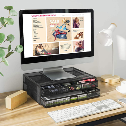 Monitor Stand Riser with Drawer - Mesh Metal Desk Organizer PC, Laptop, Notebook, Printer Holder with Pull Out Storage Drawer by HUANUO
